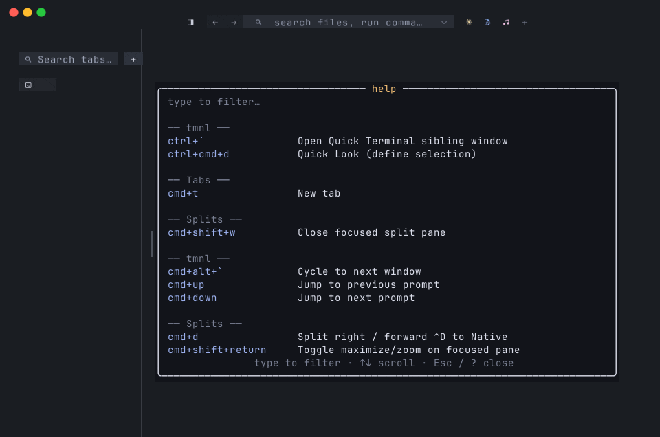 Typing in the help overlay narrows the list — `tab` then `git` filter to the relevant bindings; backspace clears back to the full list
