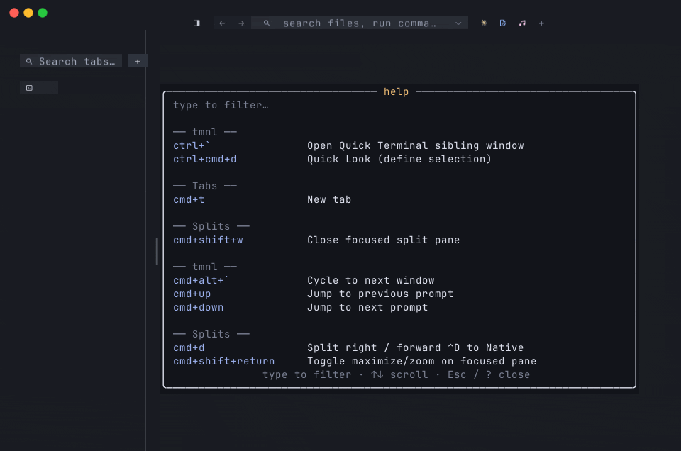 Cycling themes retints the help overlay too — section headers, text, and chord pills all pick up the new palette on the next paint frame