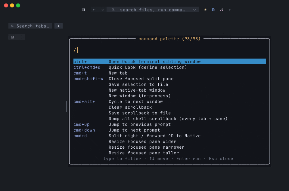 Side-by-side of the four major overlays — palette, settings, help, discovery — each greedy-modal with its own escape hatch